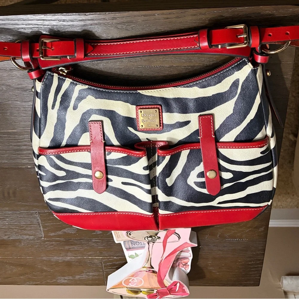 Dooney & Bourke Black and White Zebra Shoulder Bag with Red Trim - Picture 3 of 10